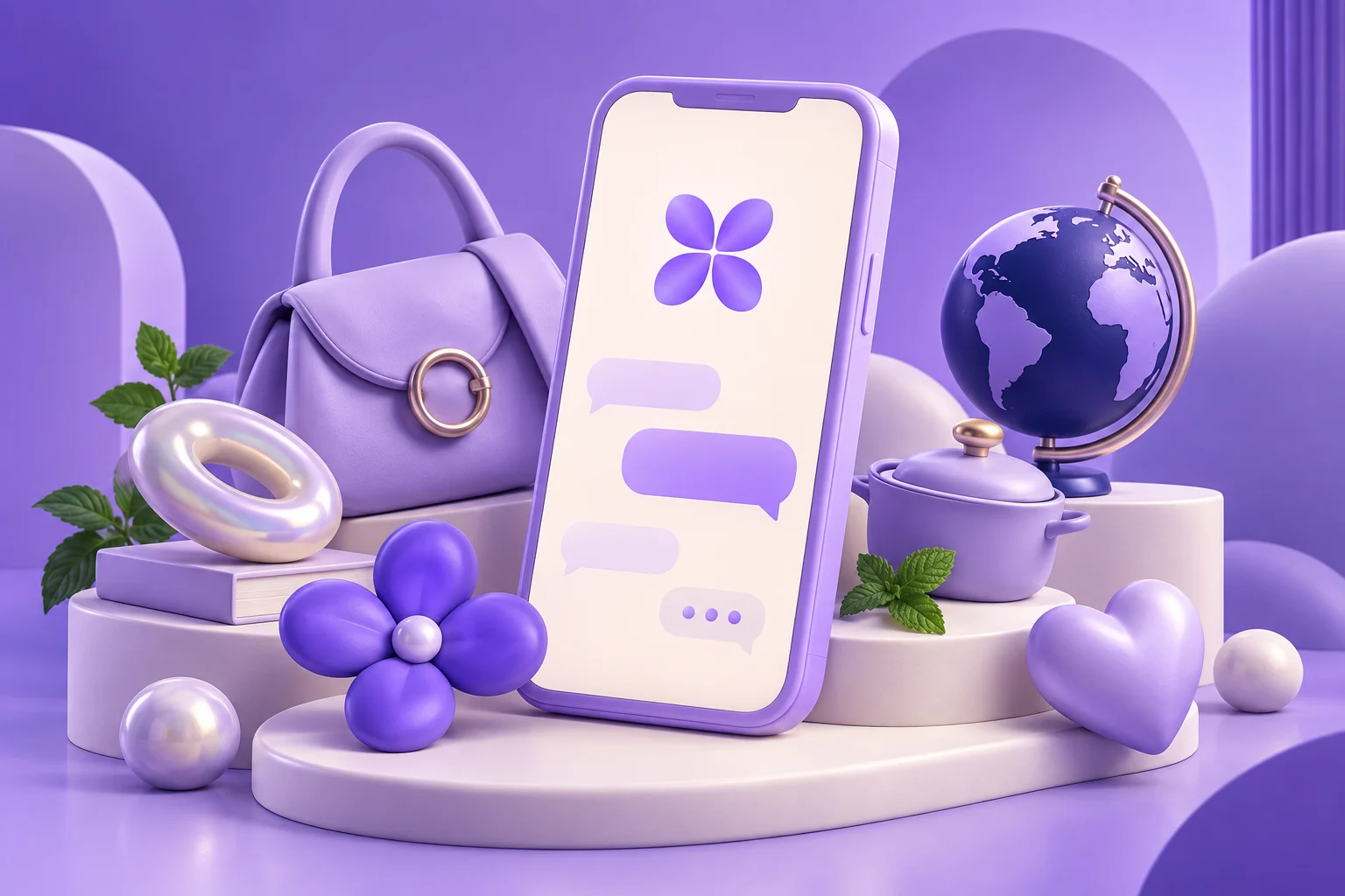 her-AI everyday assistants — sculptural lavender illustration