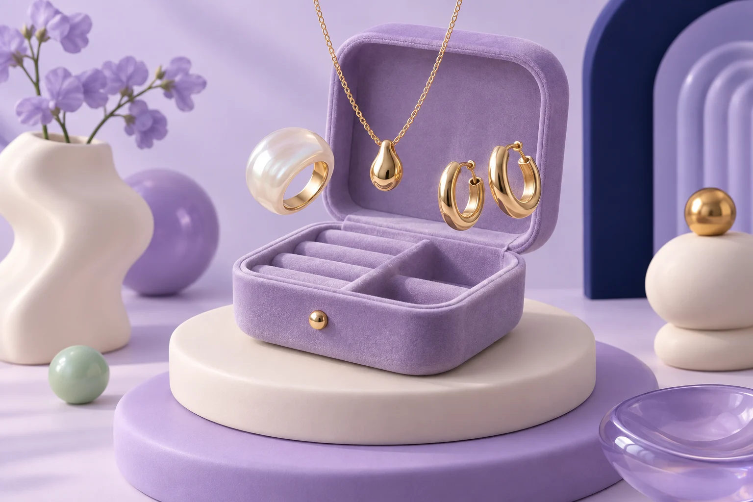 The Jewelry Curator — sculptural lavender illustration