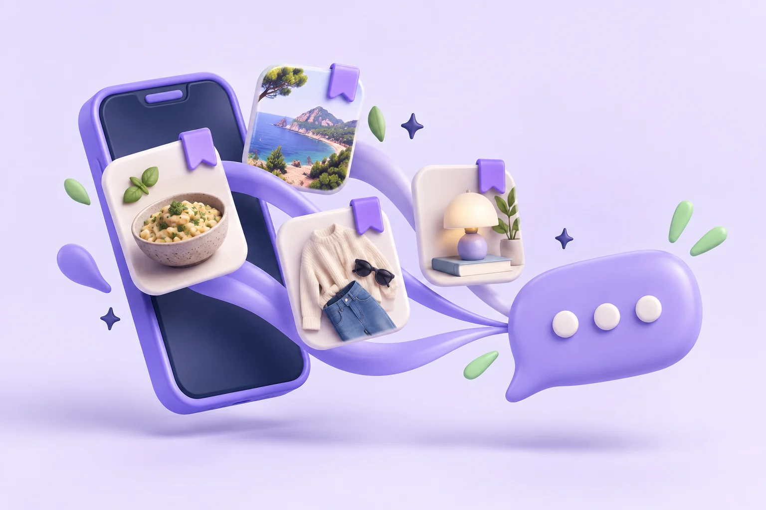The Saved Ideas Companion — sculptural lavender illustration
